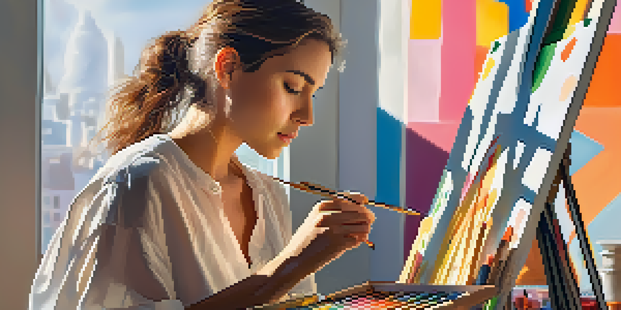A female artist painting in a bright studio, focused on her colorful canvas with sunlight streaming in.