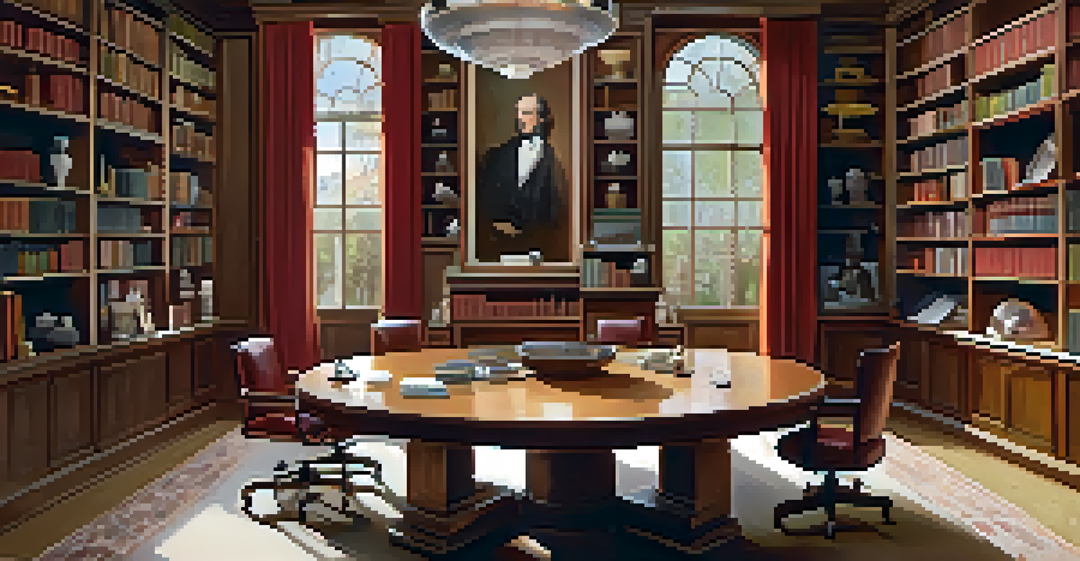 An art dealer's office featuring shelves of art books and a meeting table with a contract.