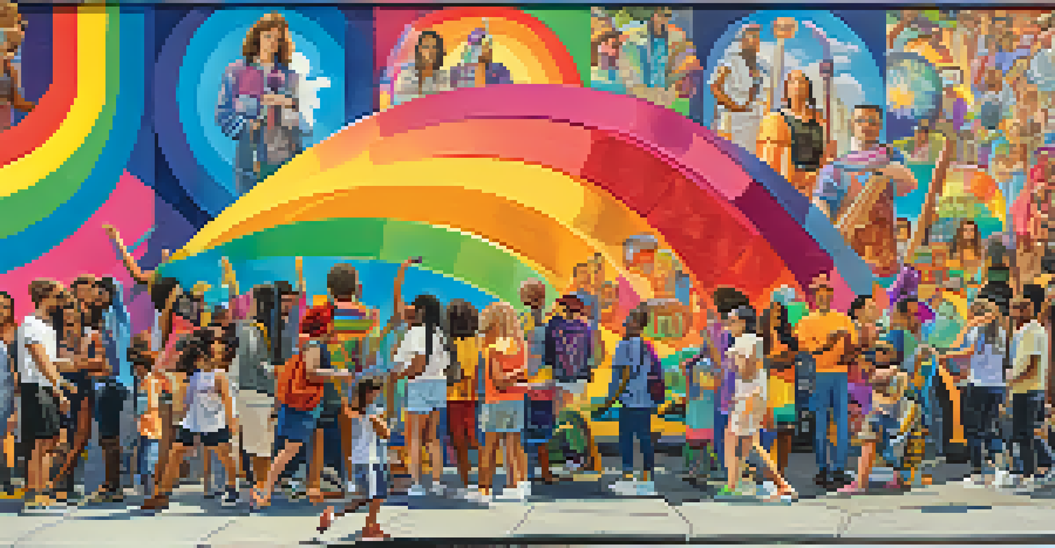 A collaborative mural representing diverse gender expressions with colorful symbols of inclusivity.