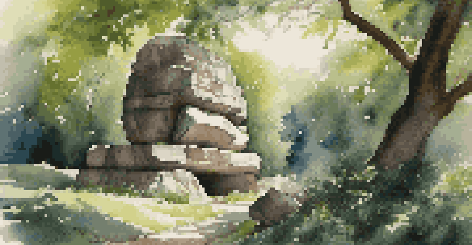 A large stone sculpture in an outdoor setting surrounded by greenery and sunlight.