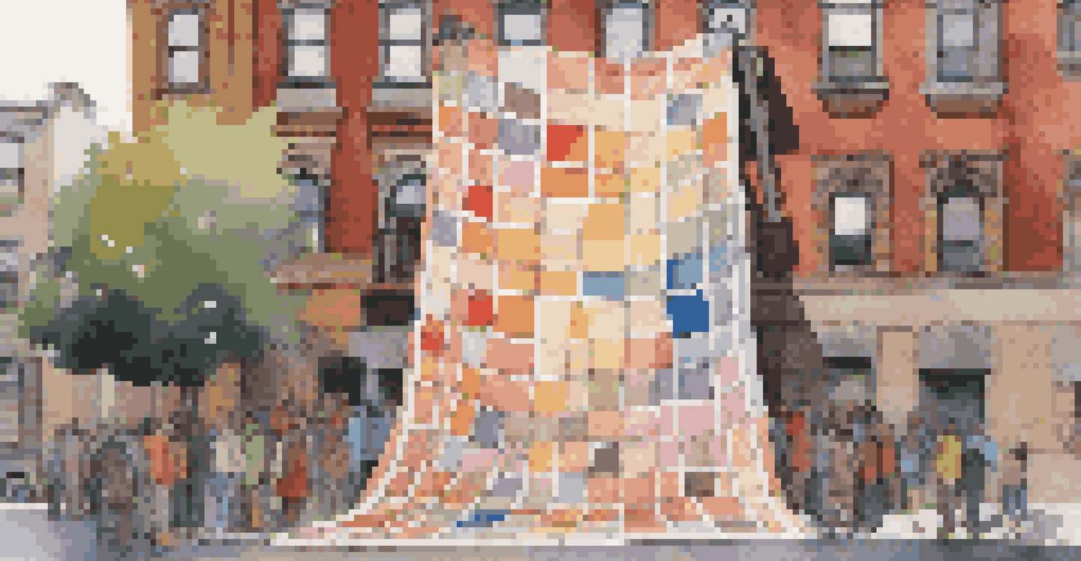 An artistic quilt installation in an urban space, with diverse individuals observing the colorful panels.