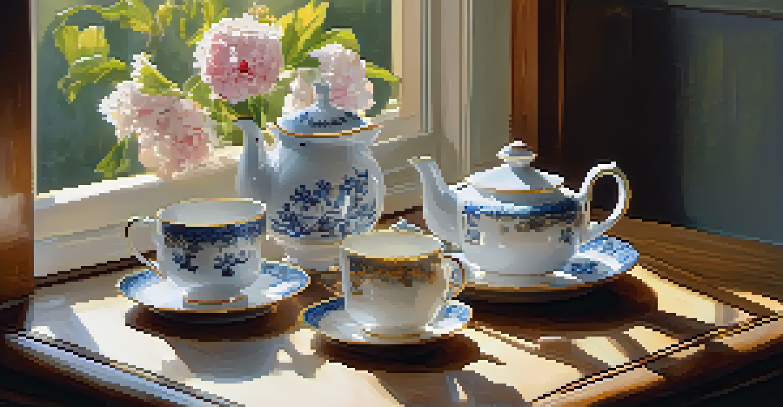 A still life featuring a vintage teapot and porcelain cups on a wooden table, illuminated by warm light, with flowers in a vase adding color.