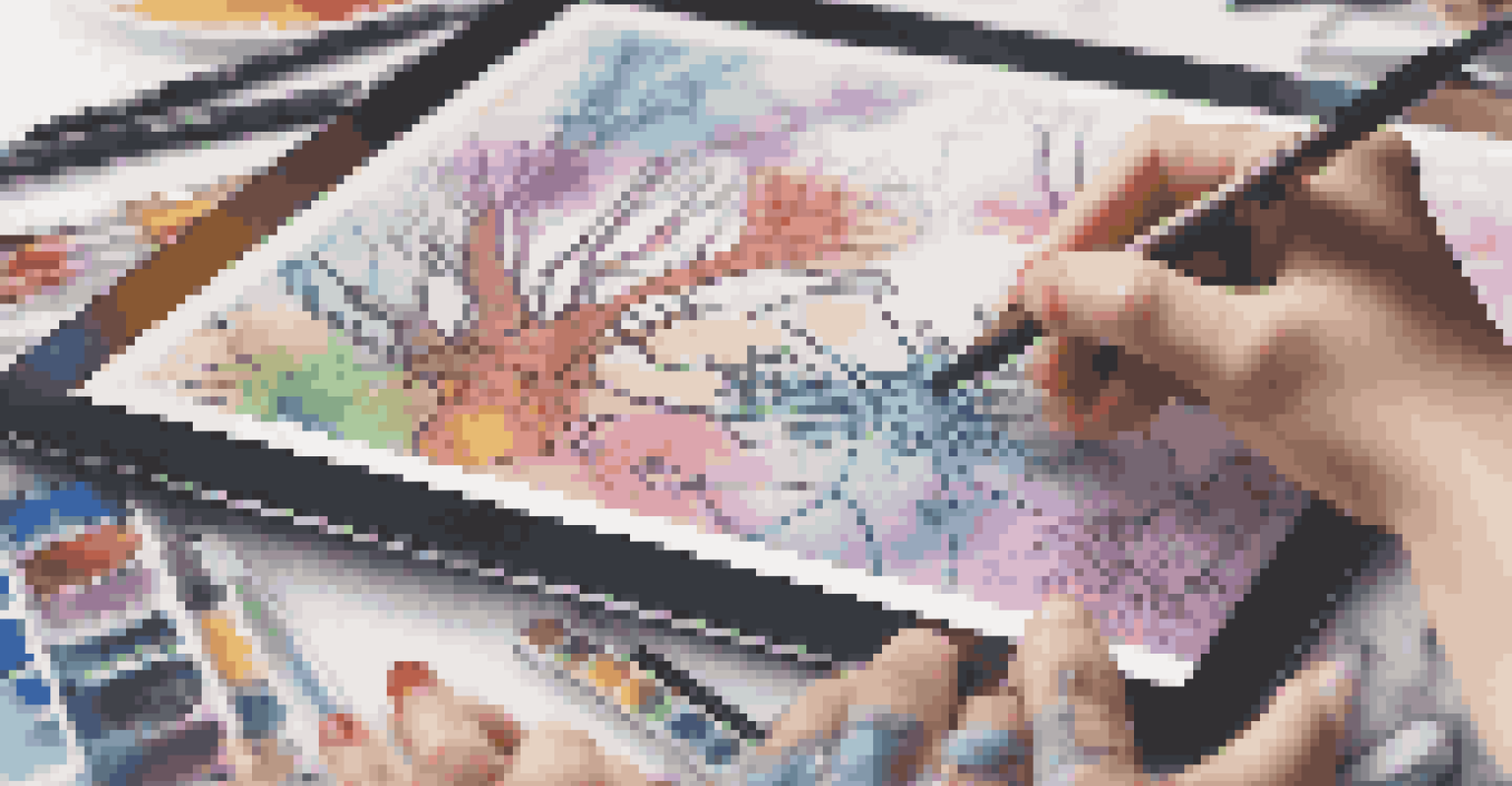 Close-up of hands using digital tablets to create intricate art designs focused on social justice themes, with an artistic workspace in the background.