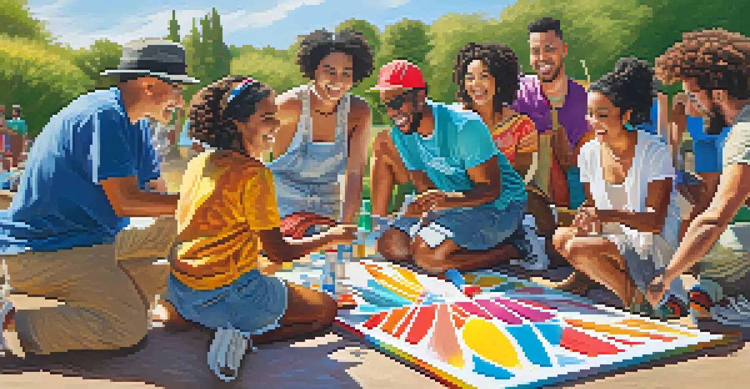A diverse group of people collaborating on a large outdoor canvas, expressing their cultural identities through art.