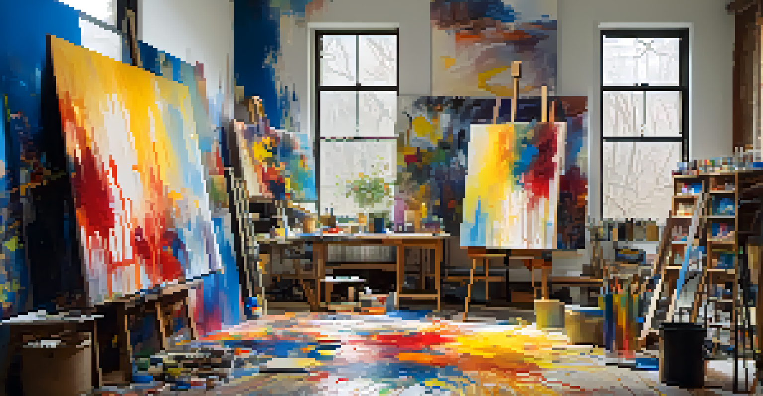 An artist's studio with colorful paint splatters, brushes, and canvases illuminated by natural light.