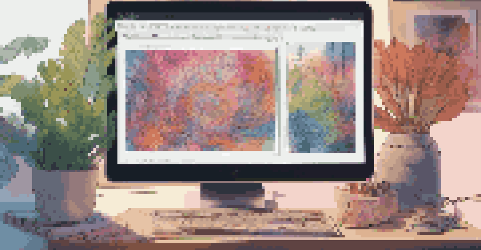 A digital artist's workspace with a computer screen showing vibrant abstract designs, illuminated by soft ambient lighting.