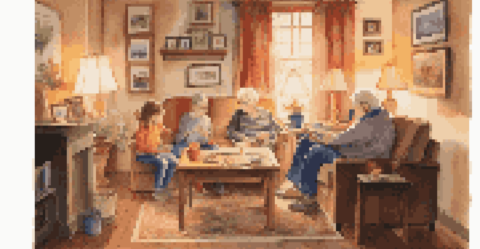 A grandparent and a grandchild sharing a joyful moment while painting together in a cozy living room filled with art supplies.