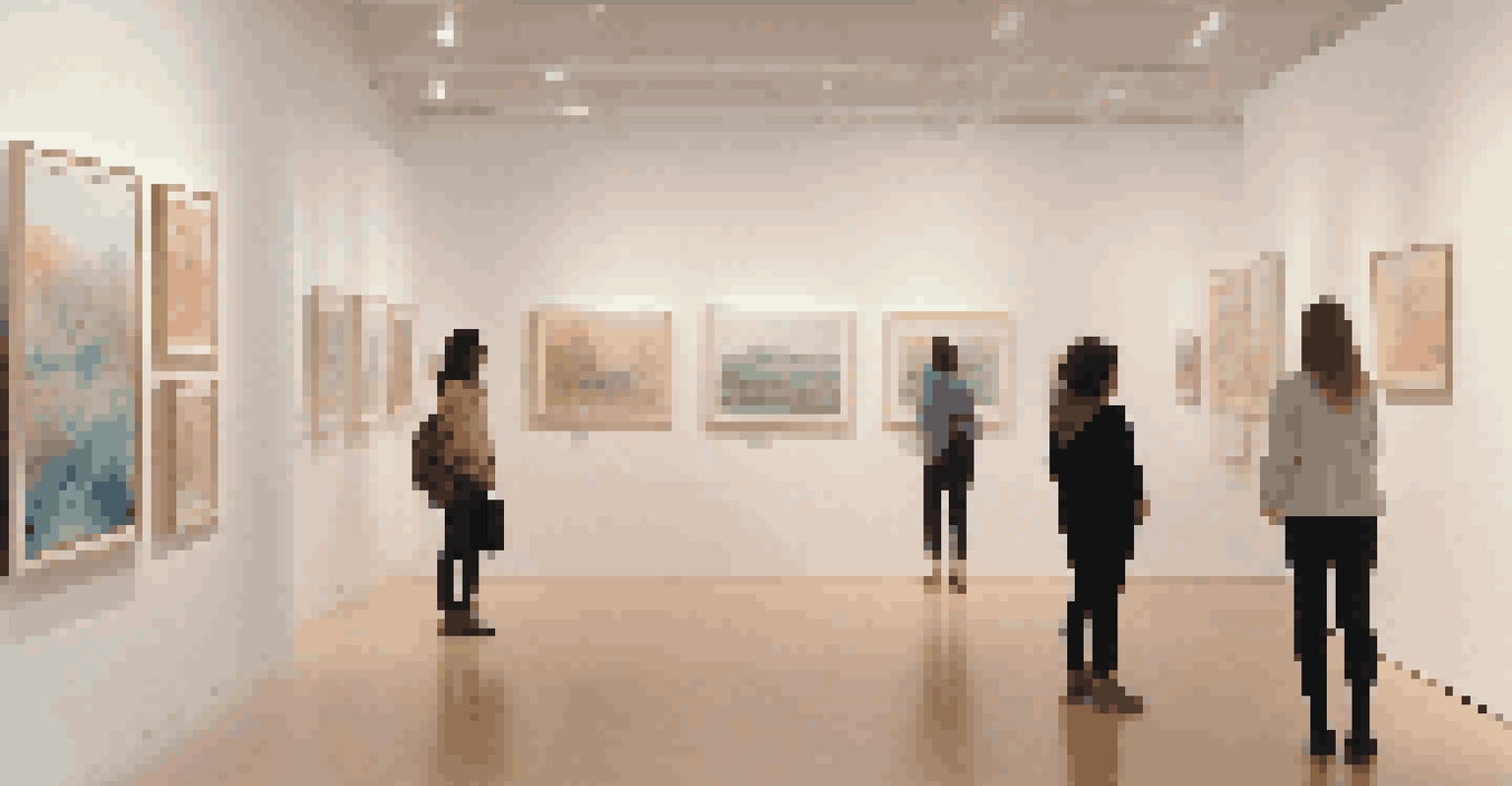 A calm gallery space showing artworks by female and non-binary artists, with visitors discussing the pieces in a softly lit environment.