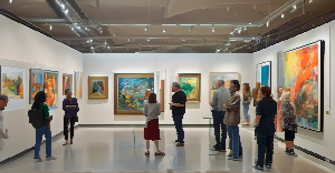 A lively art gallery filled with contemporary artworks and diverse visitors appreciating the art.