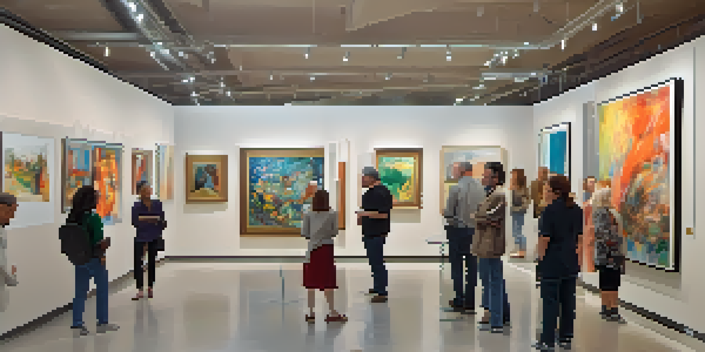 A lively art gallery filled with contemporary artworks and diverse visitors appreciating the art.
