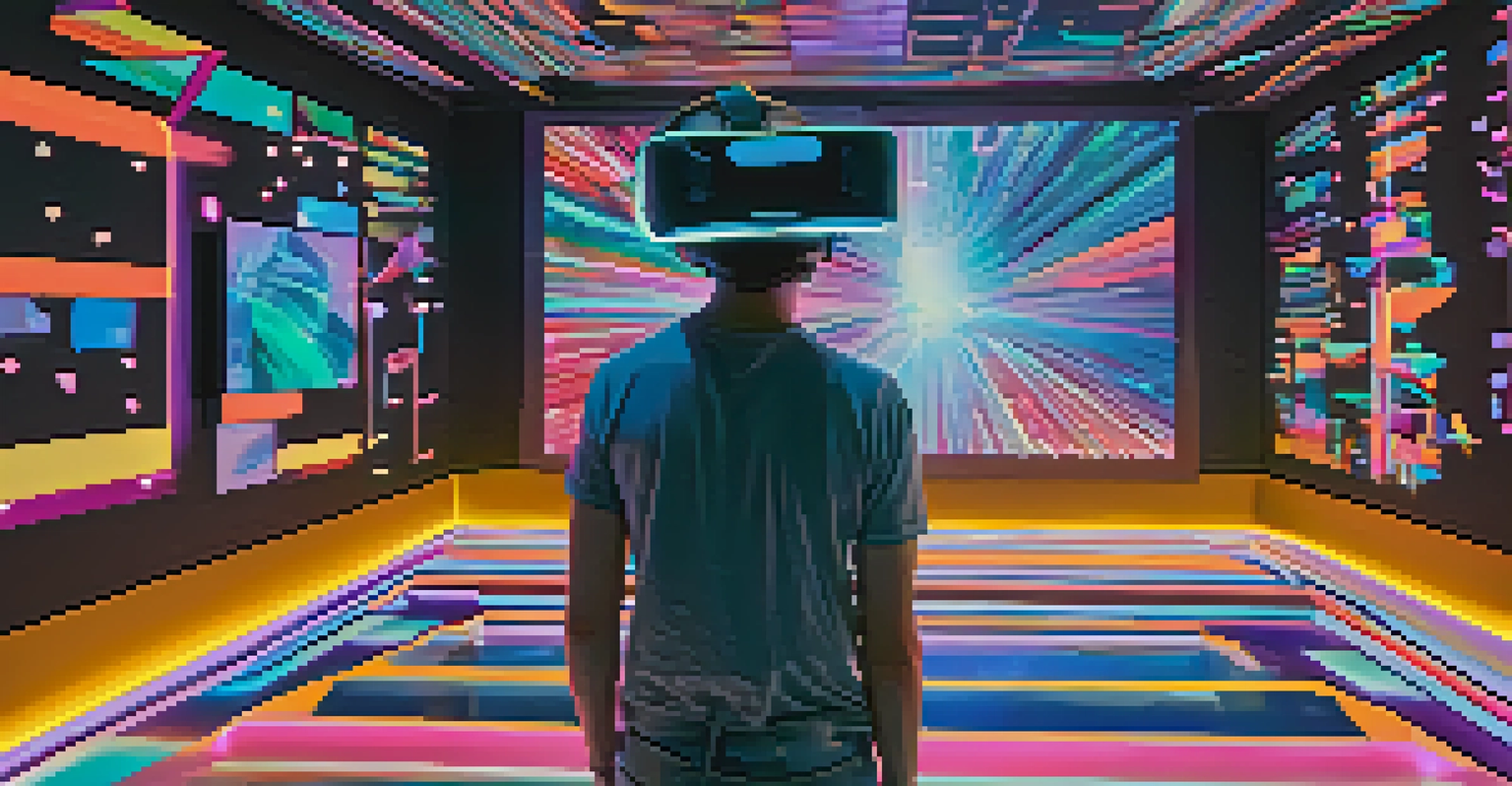 A digital art studio where an artist uses virtual reality to create a colorful 3D sculpture, surrounded by glowing screens.