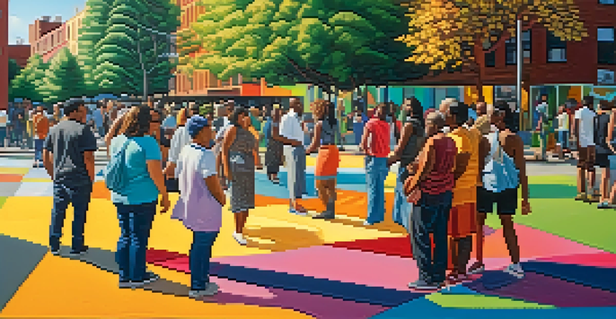 A colorful mural in an urban setting depicting diverse people in conversation, with sunlight filtering through trees.