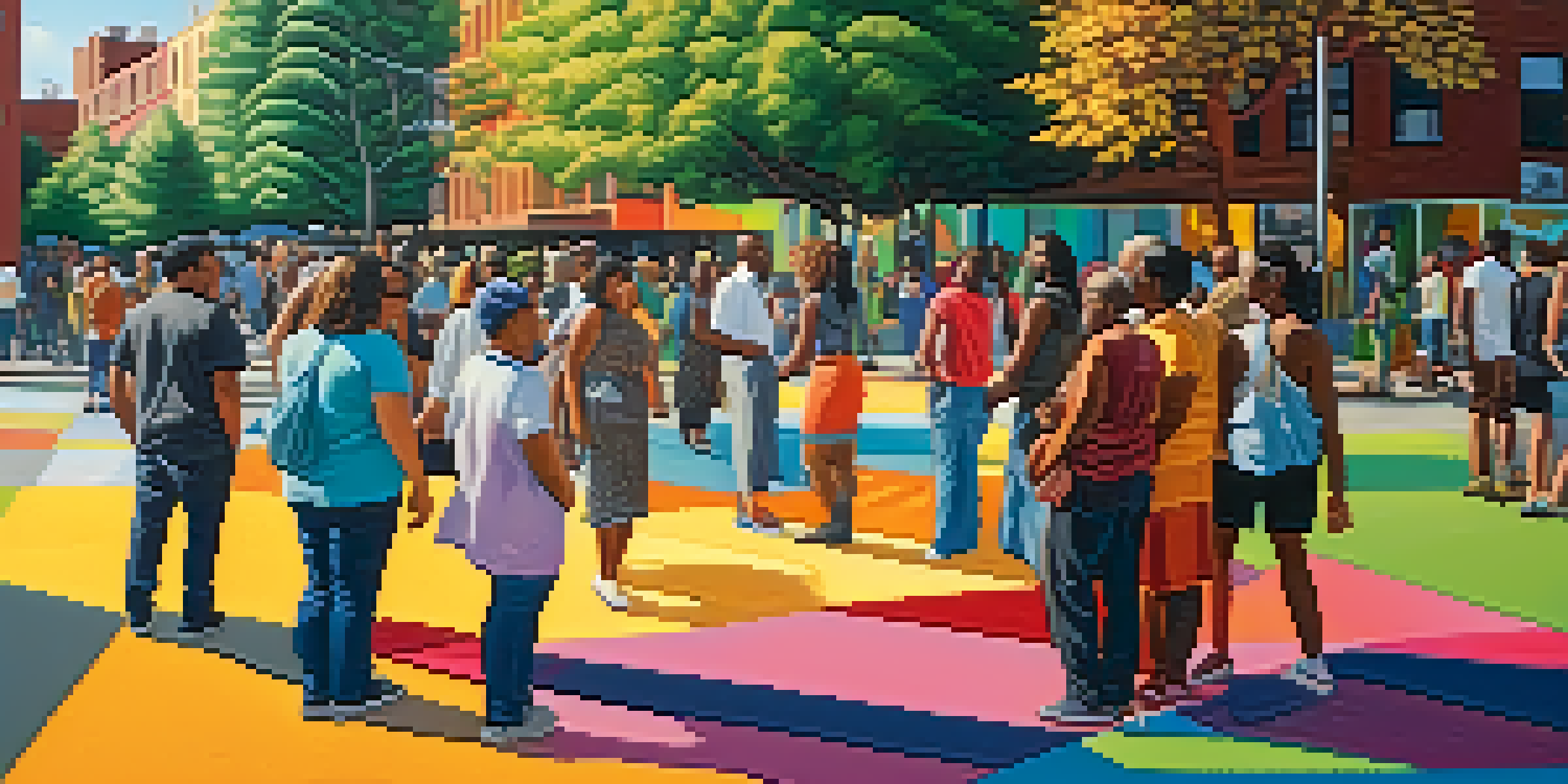 A colorful mural in an urban setting depicting diverse people in conversation, with sunlight filtering through trees.