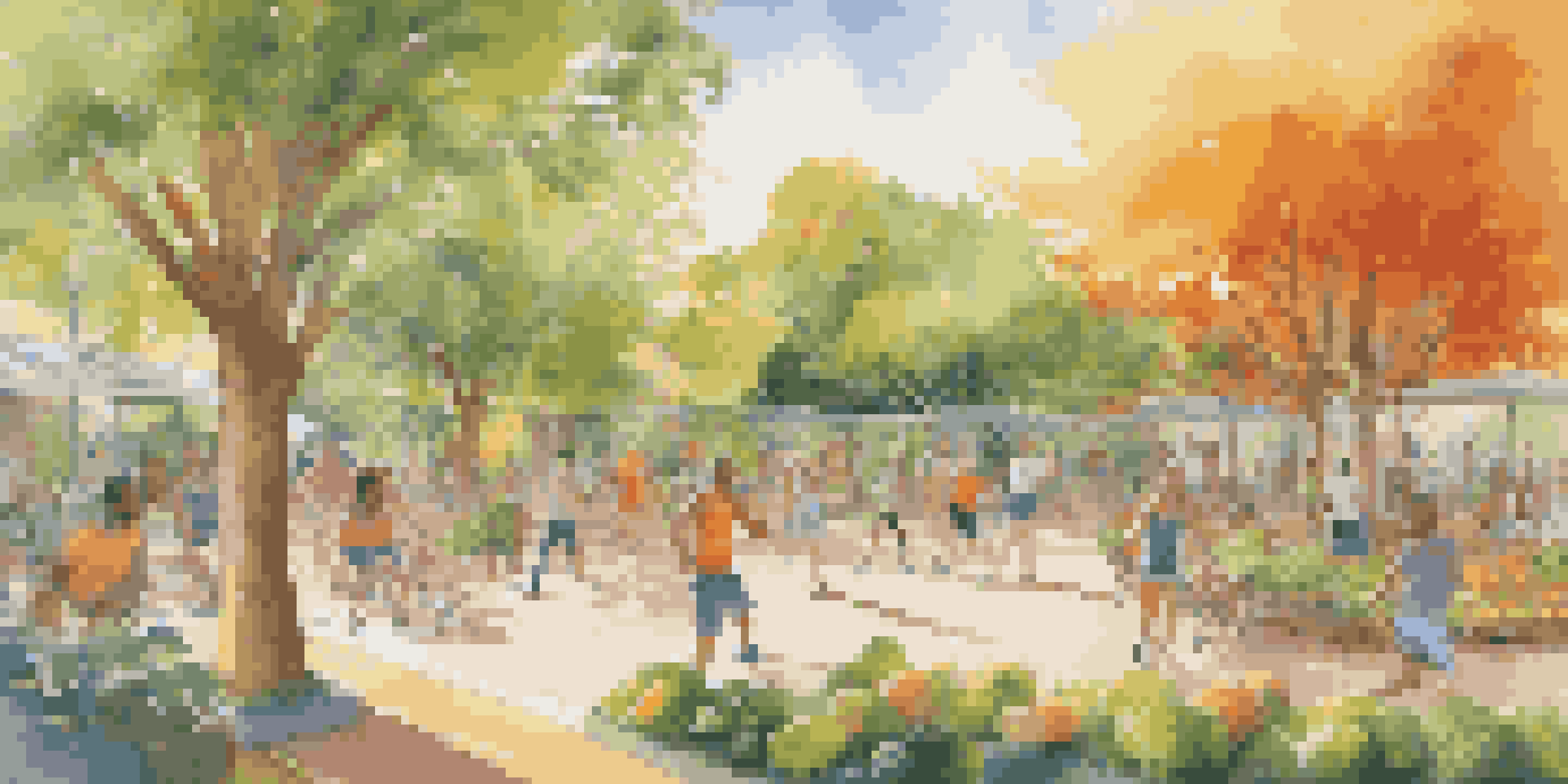 A colorful mural in a park showcasing healthy living with images of fruits, vegetables, and people exercising under sunlight.