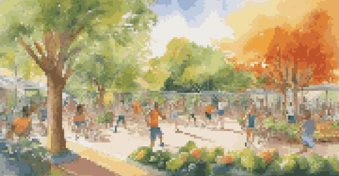 A colorful mural in a park showcasing healthy living with images of fruits, vegetables, and people exercising under sunlight.