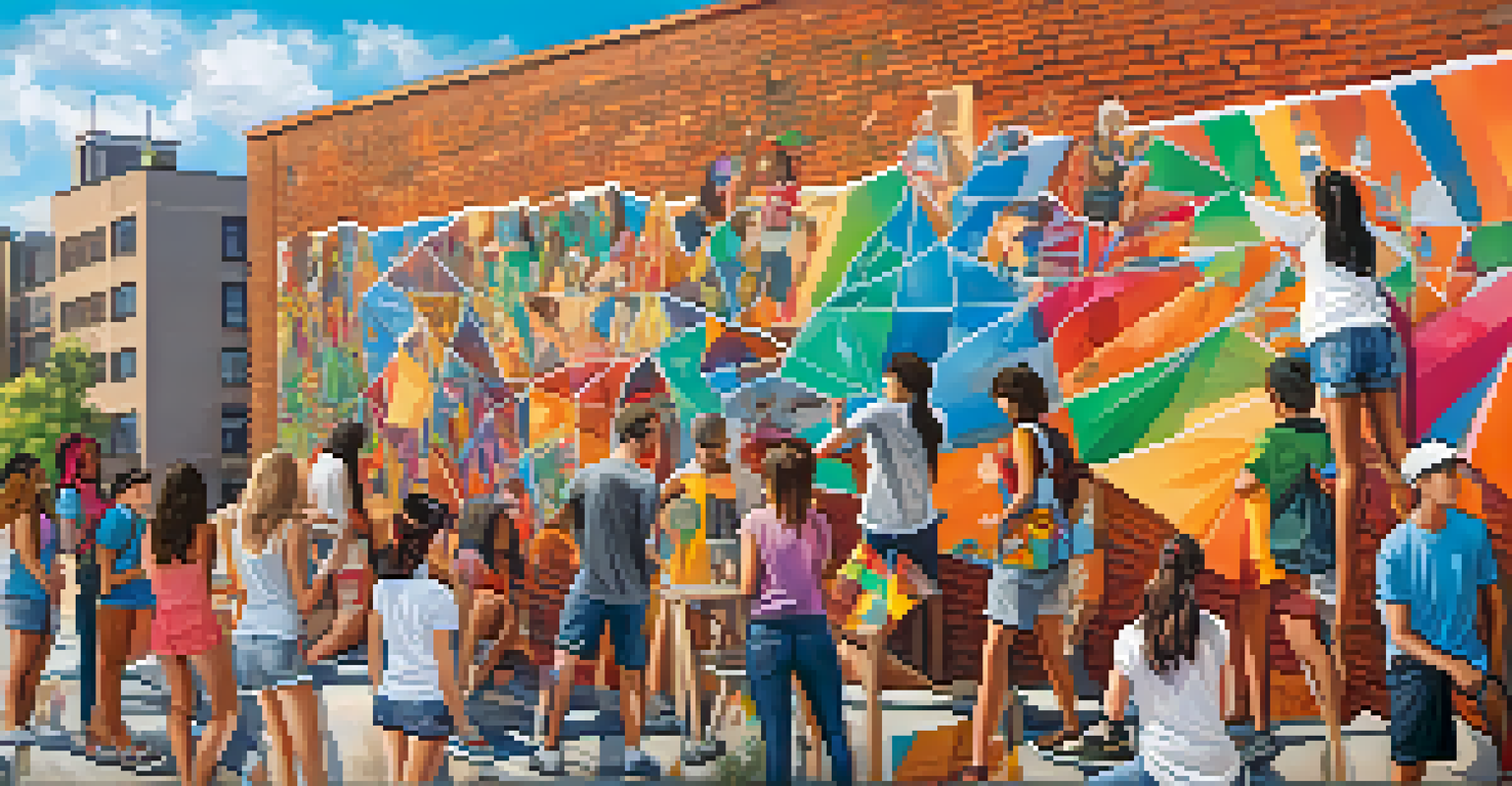 Teenagers painting a colorful mural together on a city wall, showcasing their diverse artistic expressions.