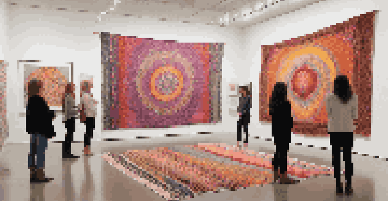 A vibrant tapestry displayed in a contemporary art gallery, with visitors engaging in discussions about gender diversity.