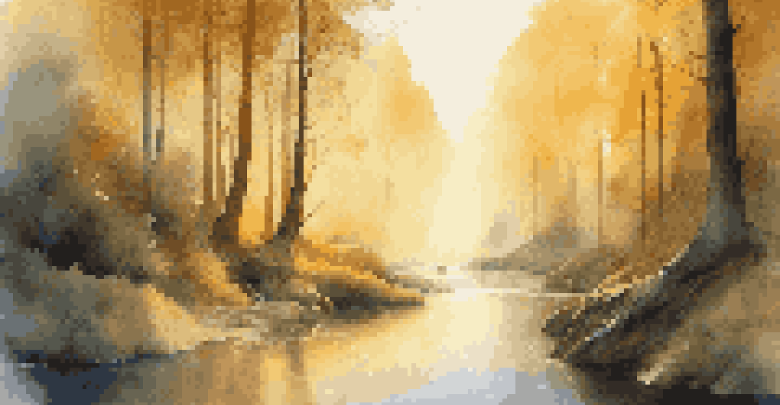 A tranquil virtual reality forest landscape with luminous trees and flowing streams, illuminated by warm golden light, with viewers interacting with the environment.