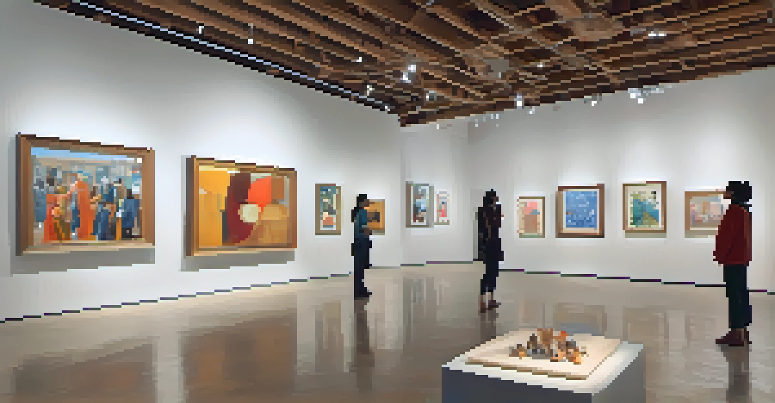 A gallery filled with contemporary art, with visitors discussing the artworks in a bright and inviting atmosphere.