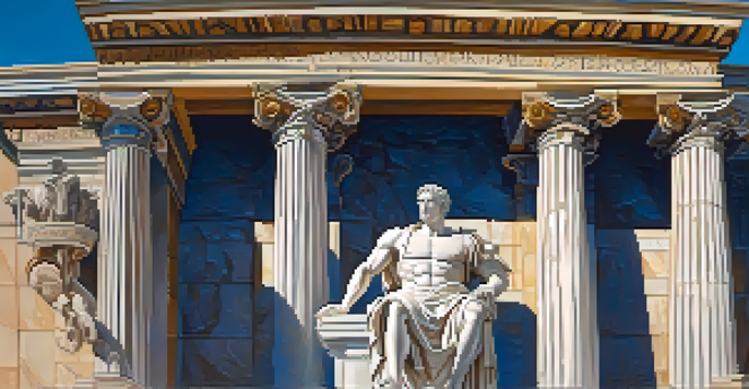 A marble statue of a Roman emperor with muscular features standing against classic architecture and a blue sky.