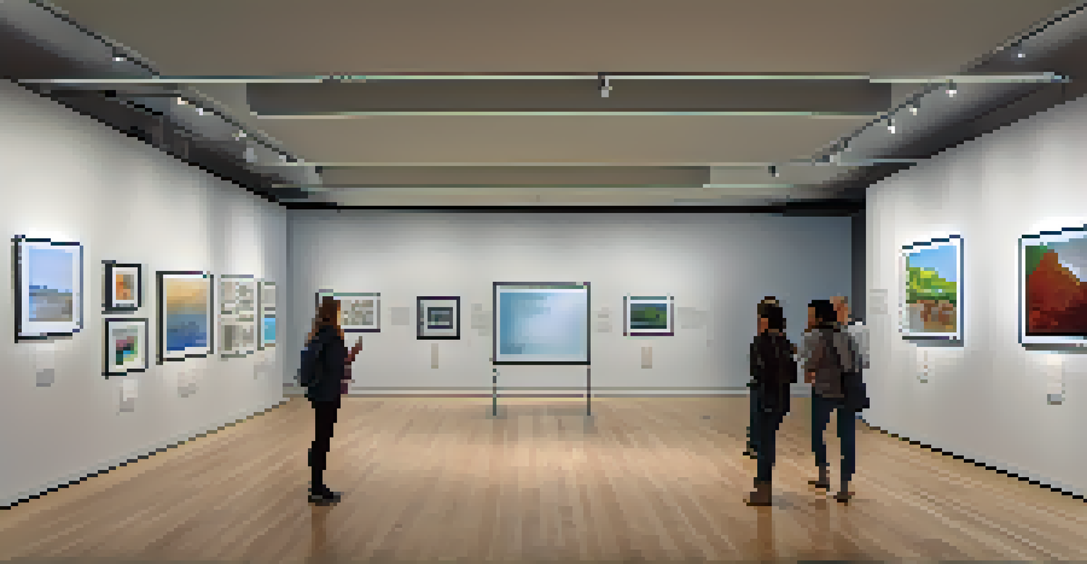 A modern gallery space with an exhibition on accessibility, featuring informational panels, interactive digital displays, and visitors engaging with the art through technology.