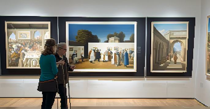 A visually impaired person interacting with tactile graphics in a modern art gallery, guided by a staff member, with bright natural lighting coming through large windows.