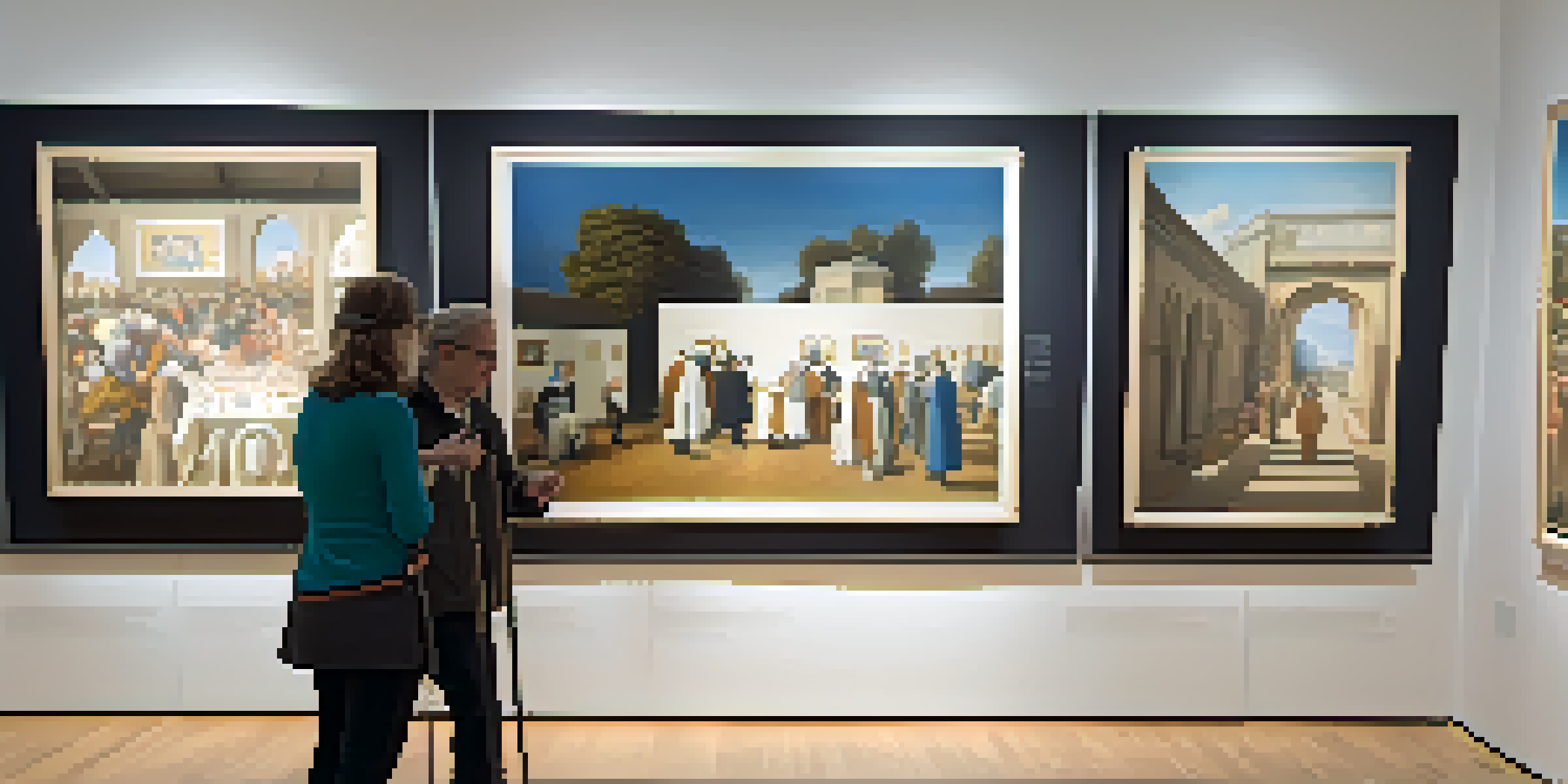 A visually impaired person interacting with tactile graphics in a modern art gallery, guided by a staff member, with bright natural lighting coming through large windows.