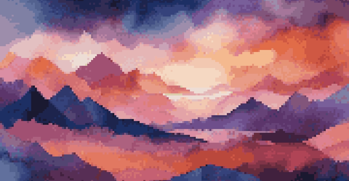 An abstract digital collage depicting a colorful landscape with mountains, clouds, and a sunset sky, enhanced with geometric shapes.