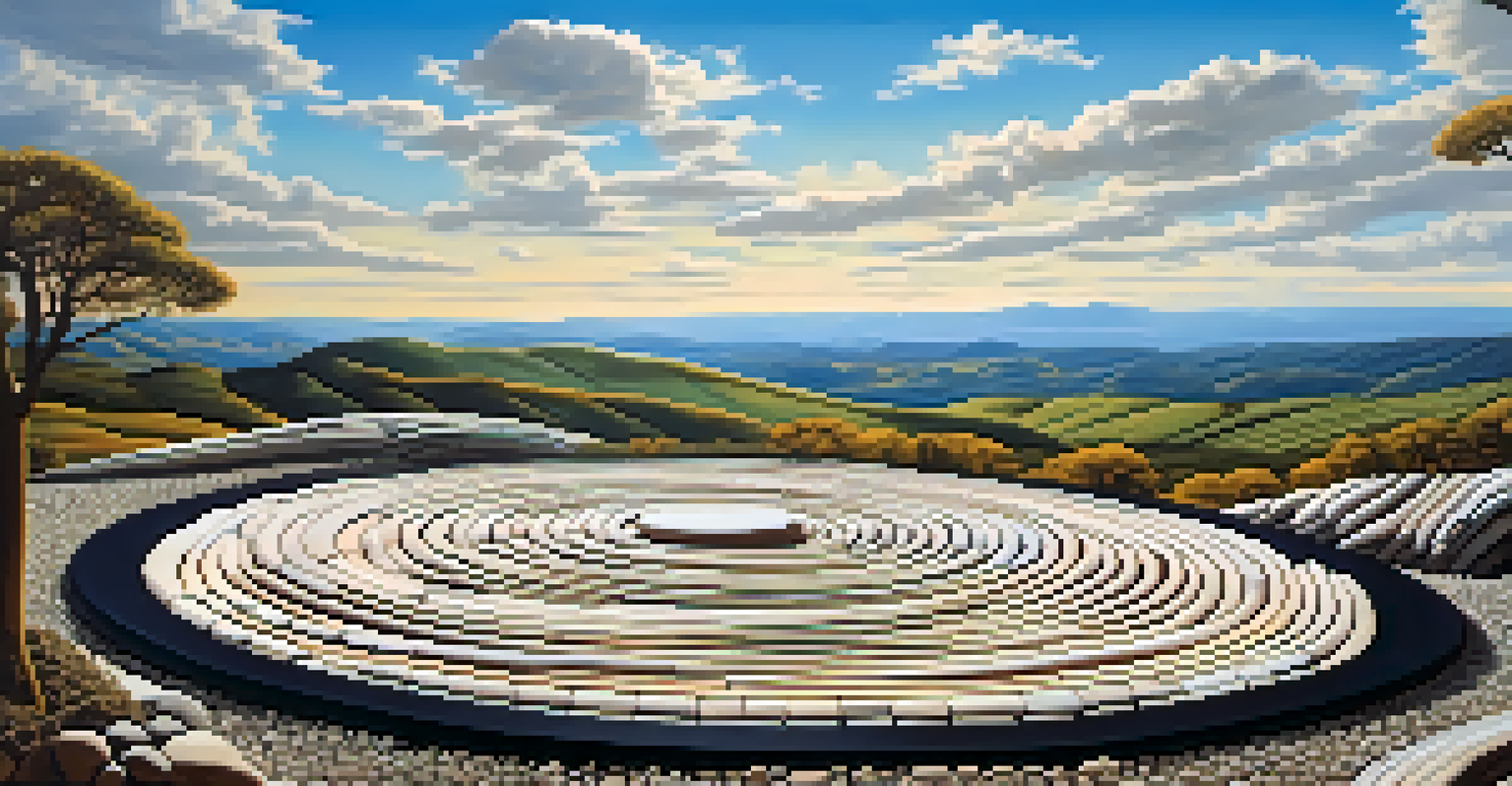 A large-scale land art installation made of natural materials set against a picturesque landscape of rolling hills and a bright blue sky.