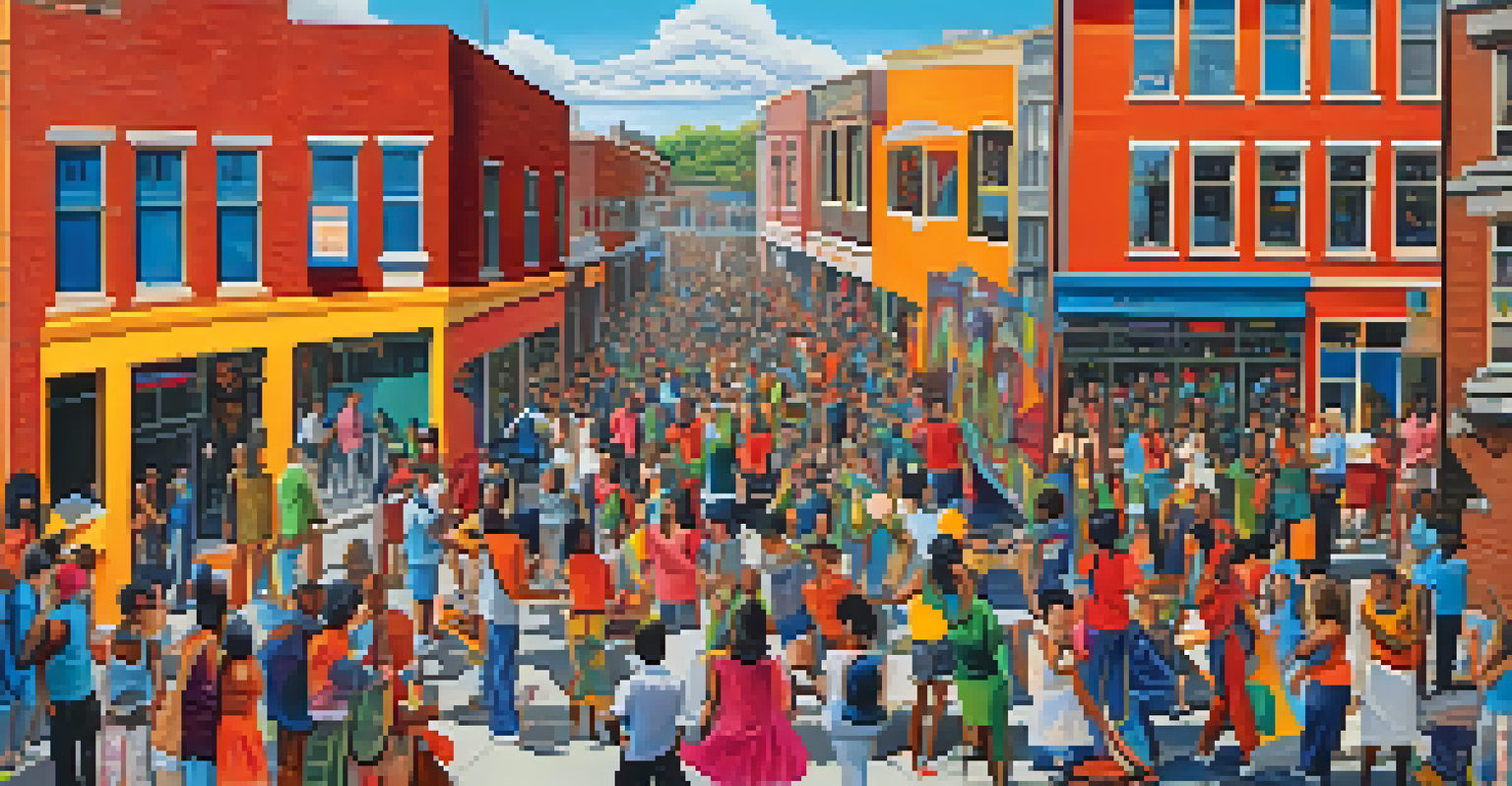 A community performance art event with diverse participants creating a vibrant mural together in an urban area.