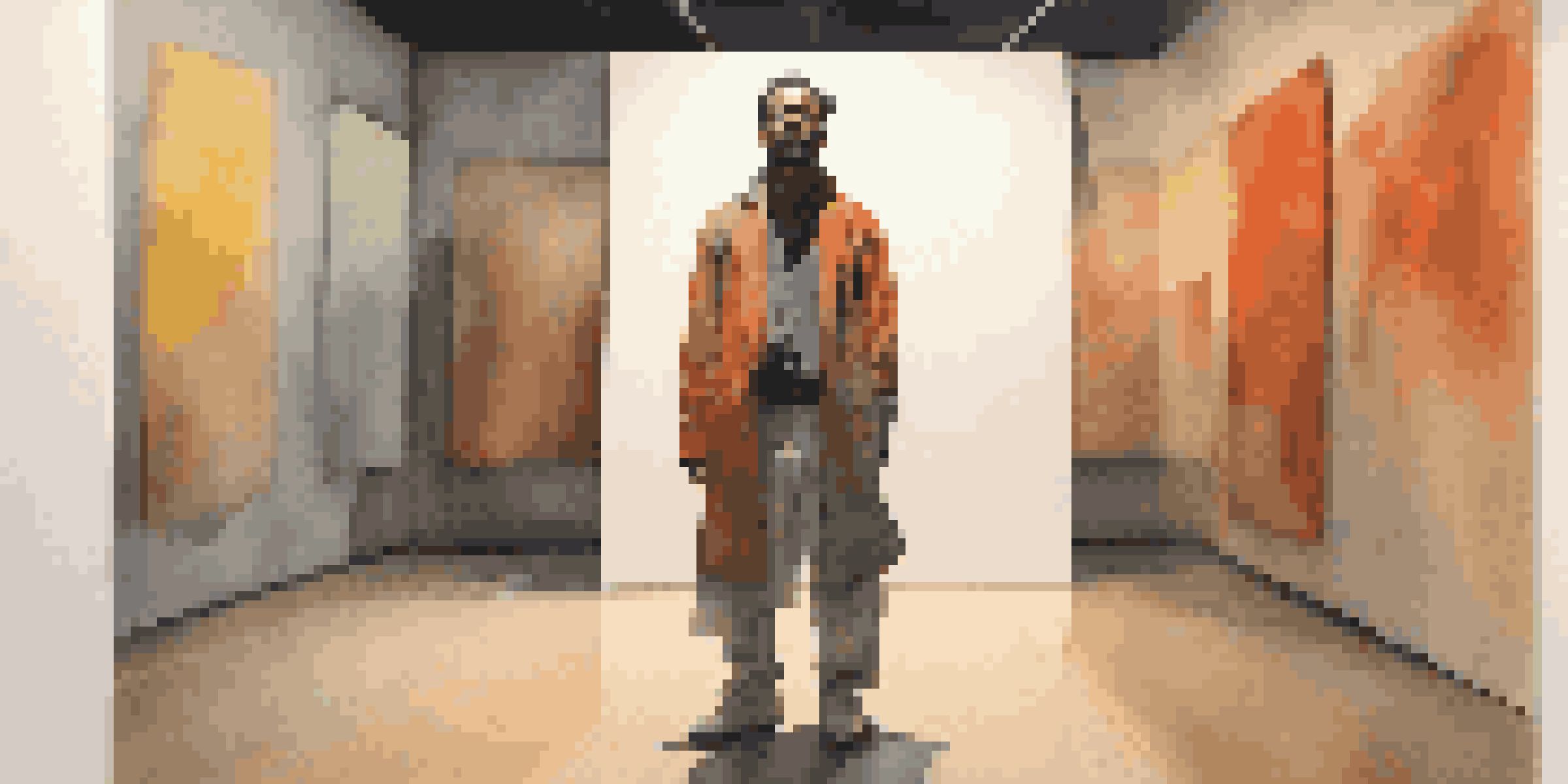 A performance artist in tattered clothing stands in a dimly lit gallery with abstract art in the background, illuminated by warm light.