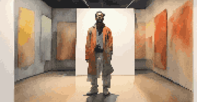 A performance artist in tattered clothing stands in a dimly lit gallery with abstract art in the background, illuminated by warm light.