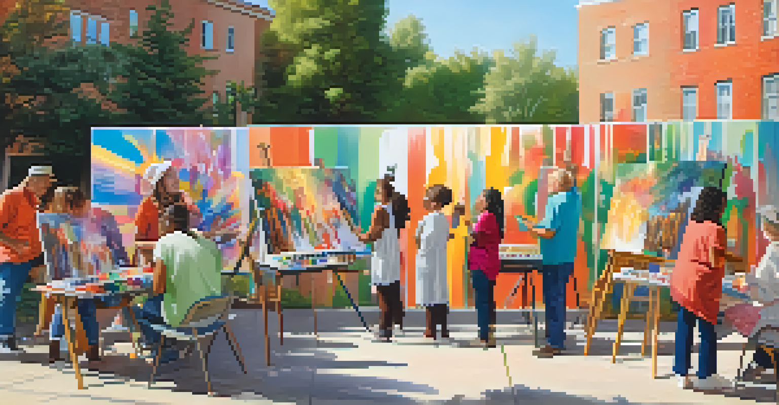 Residents participating in an outdoor art workshop, painting on canvases with a colorful mural in the background.