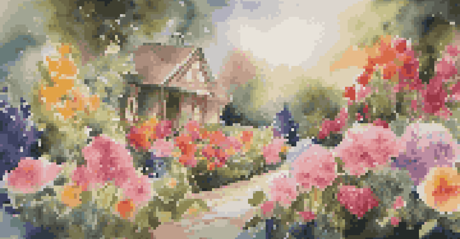 A large art installation depicting a colorful flower garden with oversized blooms under soft lighting.