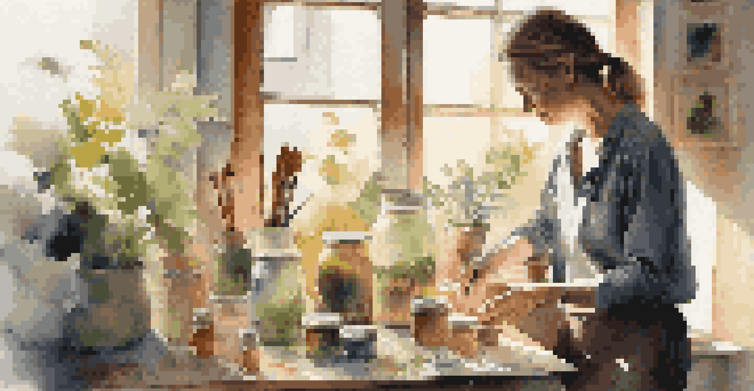An artist working with natural pigments in a colorful studio, surrounded by jars of plant-based dyes and illuminated by soft afternoon light.