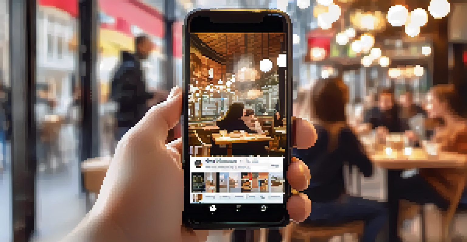 A smartphone displaying a vibrant social media feed of digital artworks, held by a smiling artist in a café setting.