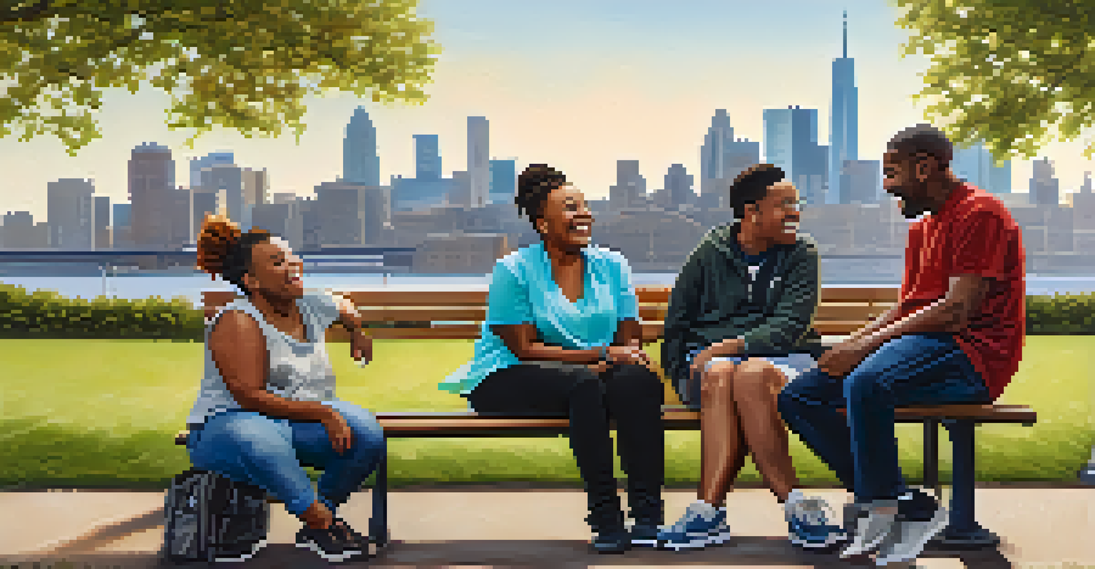 A group of three diverse individuals with disabilities laughing together on a park bench, symbolizing community and friendship.