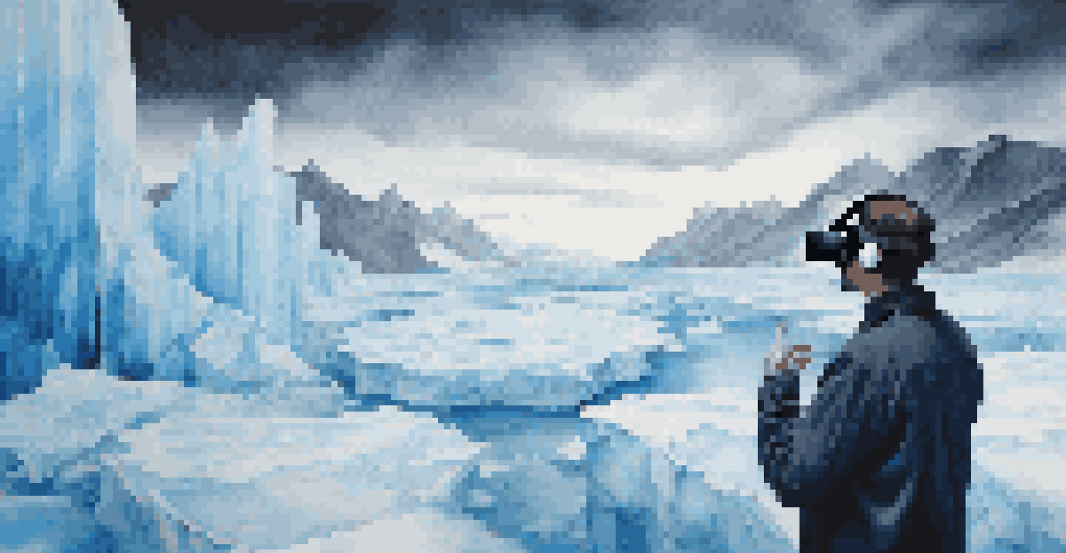 People interacting with a digital art installation that simulates the effects of climate change, with melting glaciers and dark clouds.