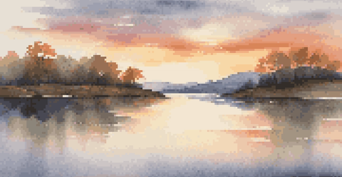 A tranquil lake at sunset reflecting colorful hues with gentle hills in the background and soft waves on the water.