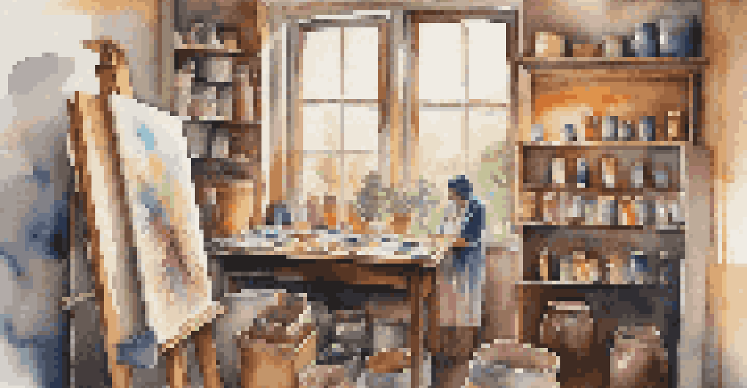 A migrant artist in a cozy studio, painting a large canvas that reflects their migration story, illuminated by soft, warm light.