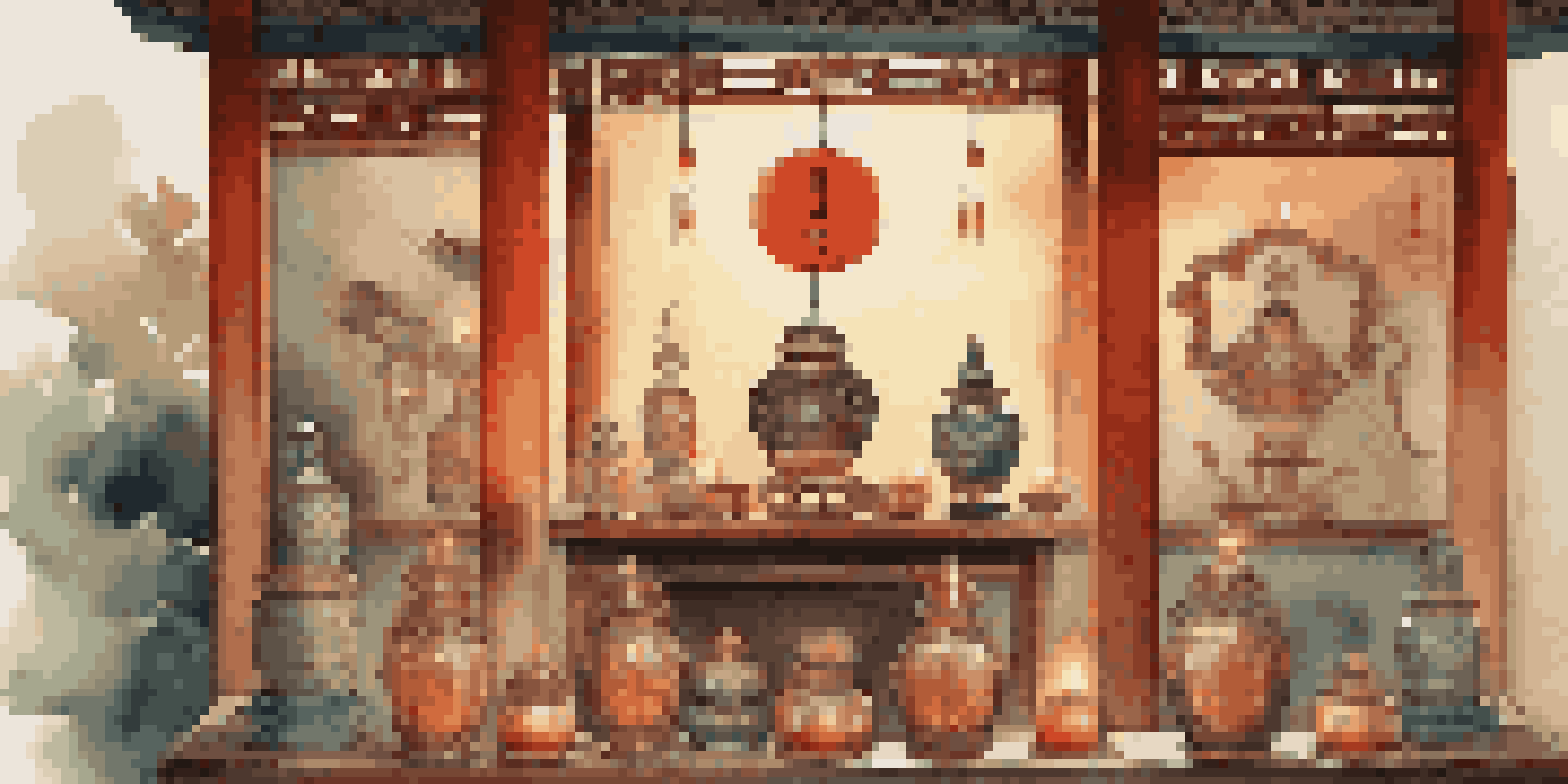 An ancient Chinese ritual scene with pottery and jade carvings on a wooden altar, illuminated by candlelight.