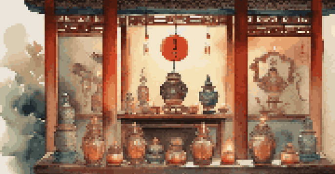 An ancient Chinese ritual scene with pottery and jade carvings on a wooden altar, illuminated by candlelight.