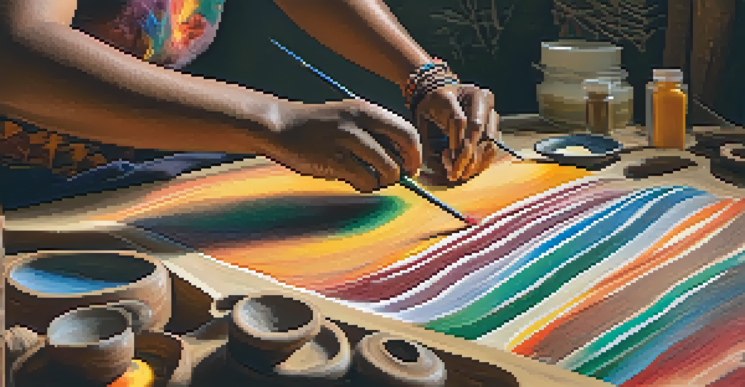An Indigenous artist's hands stained with natural pigments while creating traditional artwork, surrounded by art supplies in a sunlit studio.