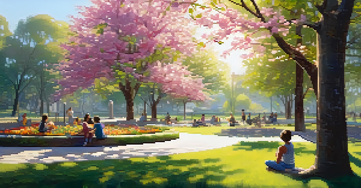 A beautiful park featuring a striking sculpture, blooming flowers, and families enjoying the outdoors.