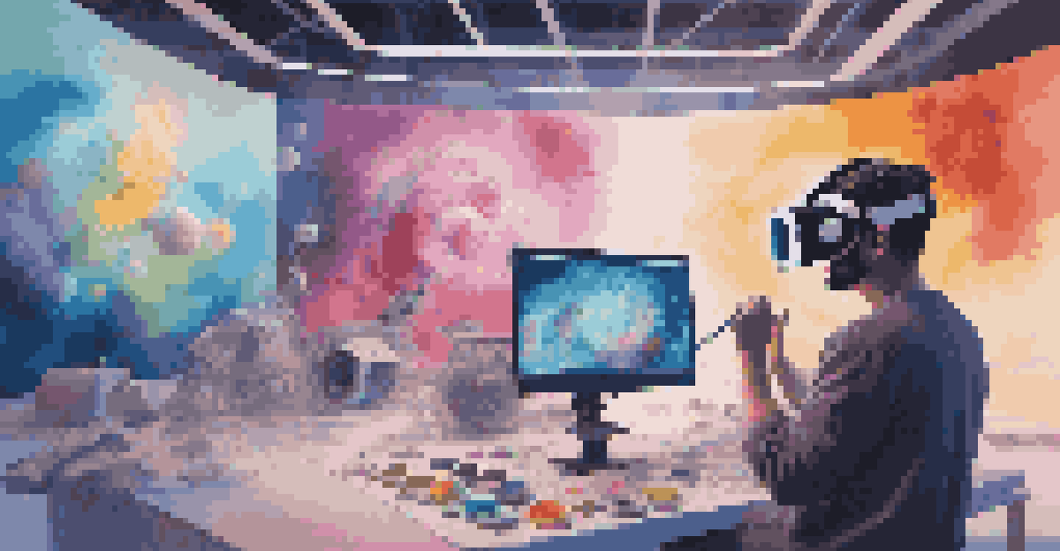 An artist in a digital studio using virtual reality tools to create a 3D painting, surrounded by vibrant colors and high-tech equipment.