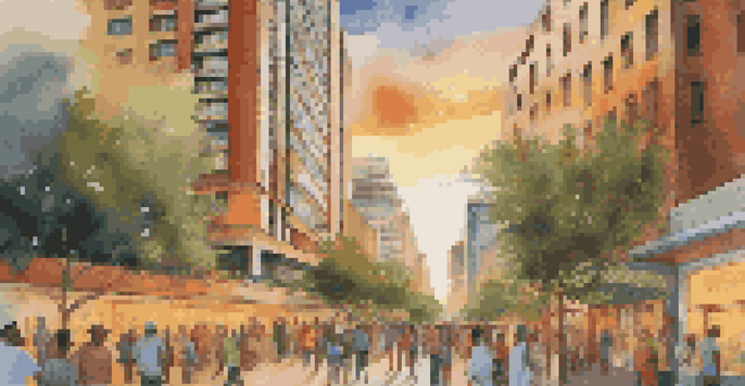 A tall building with a colorful mural depicting local culture, surrounded by lush greenery and people, under a warm sunset.