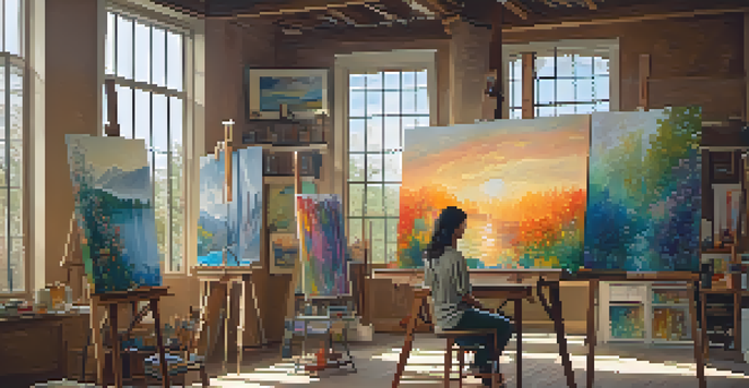 An artist in a bright studio, painting on a canvas with colorful artwork on the walls and sunlight streaming through the window.