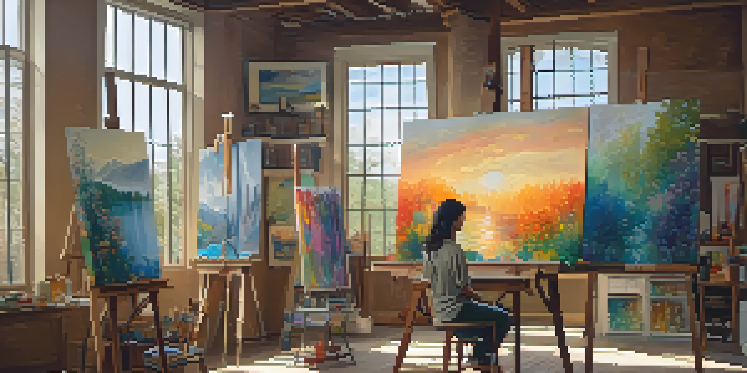 An artist in a bright studio, painting on a canvas with colorful artwork on the walls and sunlight streaming through the window.