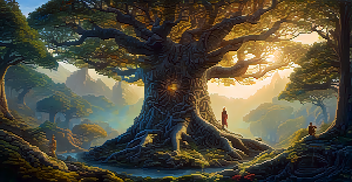 A large tree with intricate bark and vibrant leaves, surrounded by mythical creatures, illuminated by soft sunlight.