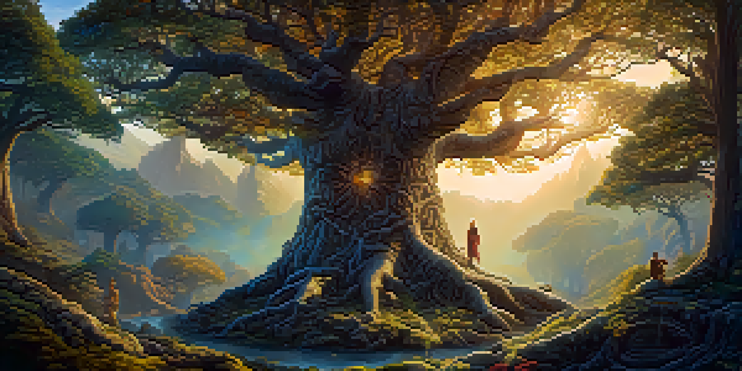 A large tree with intricate bark and vibrant leaves, surrounded by mythical creatures, illuminated by soft sunlight.